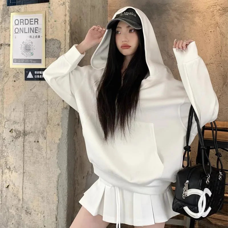 Casual Hooded Pullover Top Women Y2K V-neck Hoodies Solid Harajuku Long Sleeve Hoodie Oversized Tops Female Loose Clothing