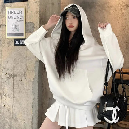 Casual Hooded Pullover Top Women Y2K V-neck Hoodies Solid Harajuku Long Sleeve Hoodie Oversized Tops Female Loose Clothing