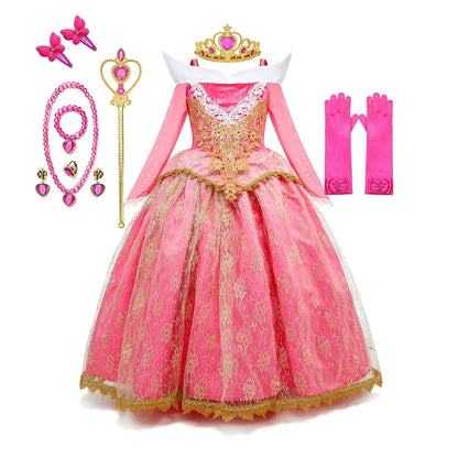 Sleeping Beauty Aurora Princess Dress Cosplay Off Shoulder Kids Gifts Fancy Halloween Party Girl Baby Lace Dress Set