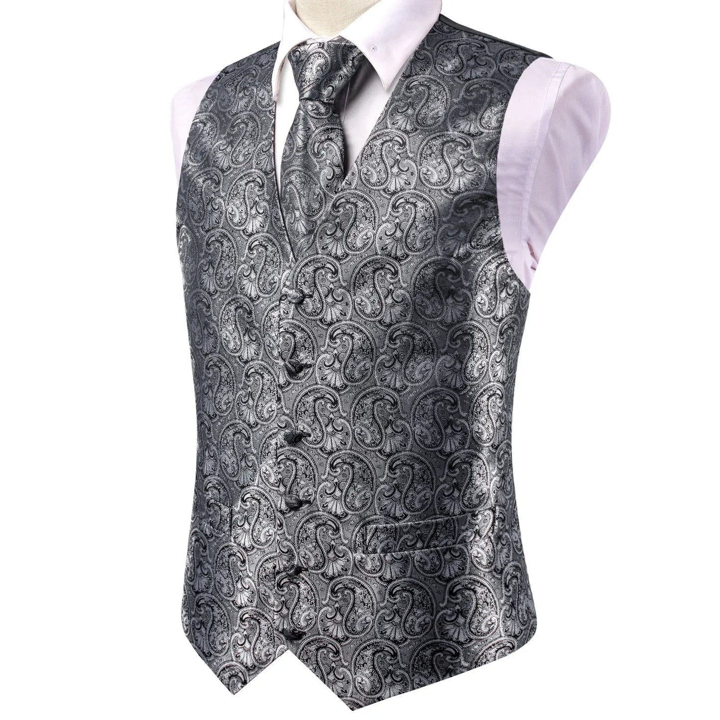 Luxury Mens Waistcoat Tie Set White Black Gray Silver Brown Sleeveless Jacket Suit Vest Necktie Hanky Cufflinks Gift