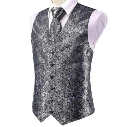 Luxury Mens Waistcoat Tie Set White Black Gray Silver Brown Sleeveless Jacket Suit Vest Necktie Hanky Cufflinks Gift