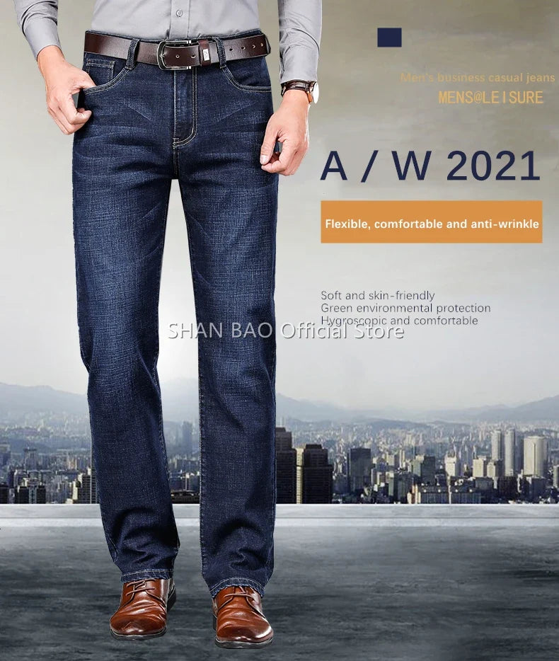 2024 autumn spring fitted straight stretch denim jeans classic style badge youth men's business casual jeans trousers