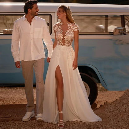 Sexy Boho Wedding Dresses Summer Bride Dresses Short Sleeves See Through Lace Applique High Slit Chiffon Beach Bridal Gown