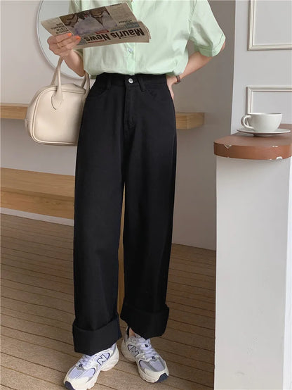 Korean Sle Simple Pure Color Wide Leg Jeans Pants for Women Summer Season Fall Collection Faion Ladies Premium Denim