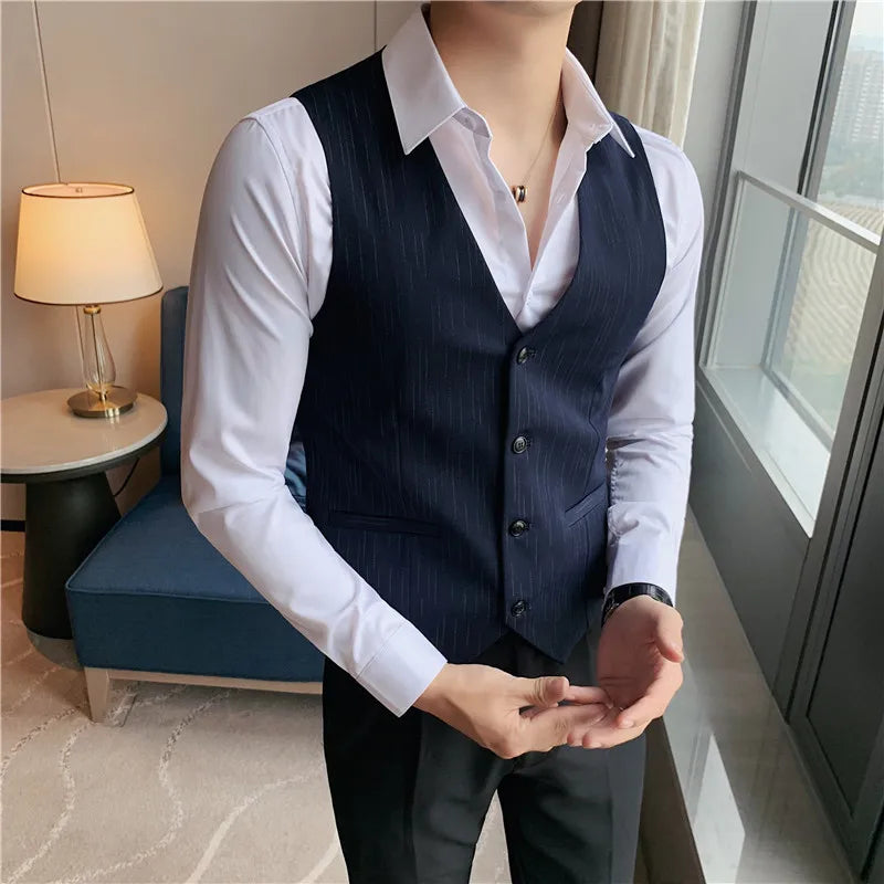Plus Size 7XL 6XL 5XL Men's Fashion Striped Suit Vest British Style Business Work Slim Fit Wedding Social Sleeveless Vest