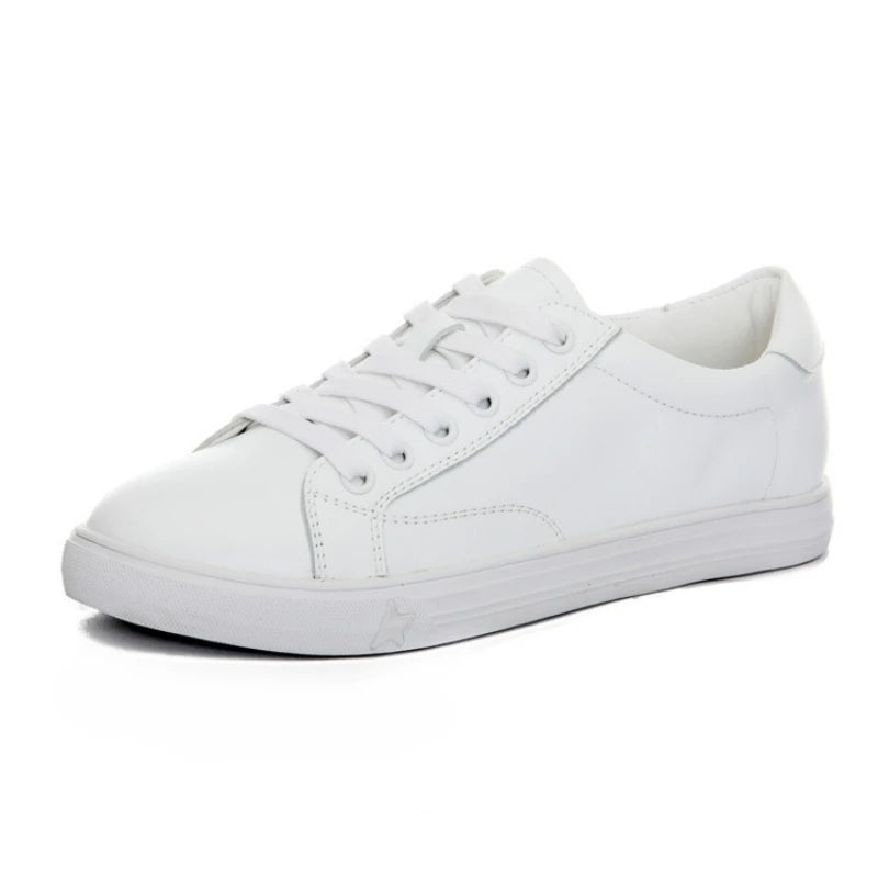 Women's Ladies Female Genuine Leather White Shoes Flats Lace Up Moccasins Spring Autumn Vulcanized Shoes Korean