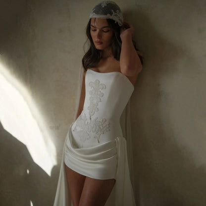 Short Civil Wedding Dress 2026 Pleated Strapless Straight Satin Mini After Party Gown Straight vestido noiva curto Customized
