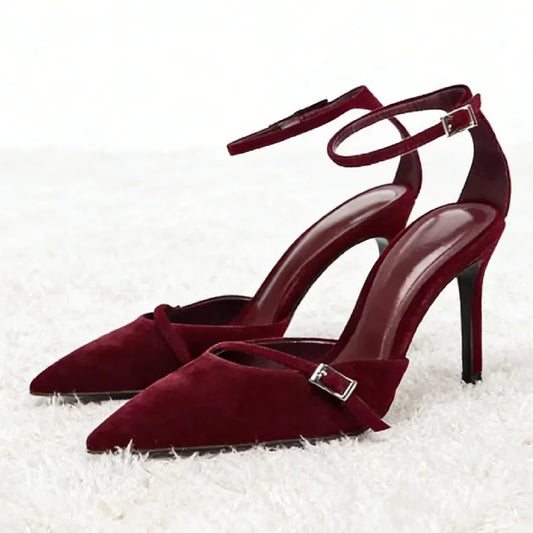 Elegant Burgundy Suede Ankle Strap High Heels Women Sexy Pointed Toe Buckle Strap Women Pumps Designer Party Shoes Heels Wedding
