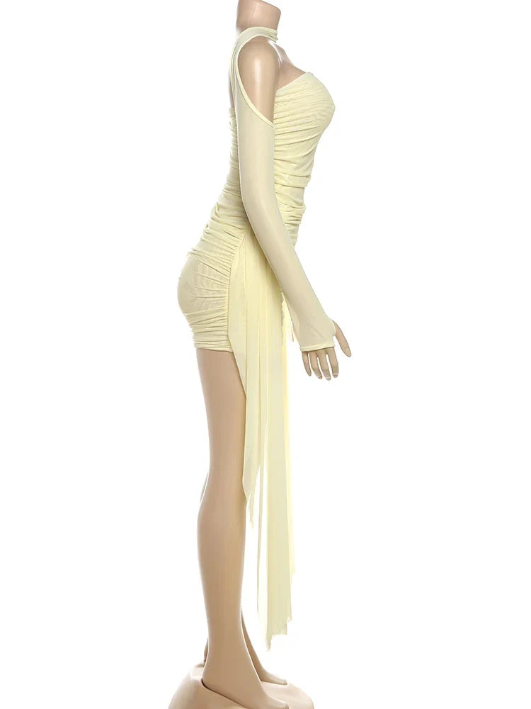 Mesh Simple Mini Dress Fashion Solid Strapless Ribbons Tassel Body-shaping Vestidos+Seperately Full Sleeve Gloves