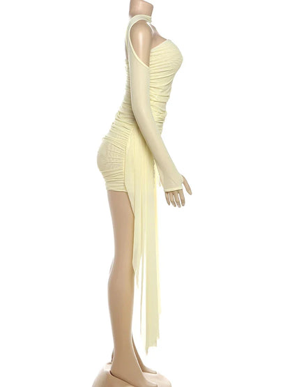 Mesh Simple Mini Dress Fashion Solid Strapless Ribbons Tassel Body-shaping Vestidos+Seperately Full Sleeve Gloves