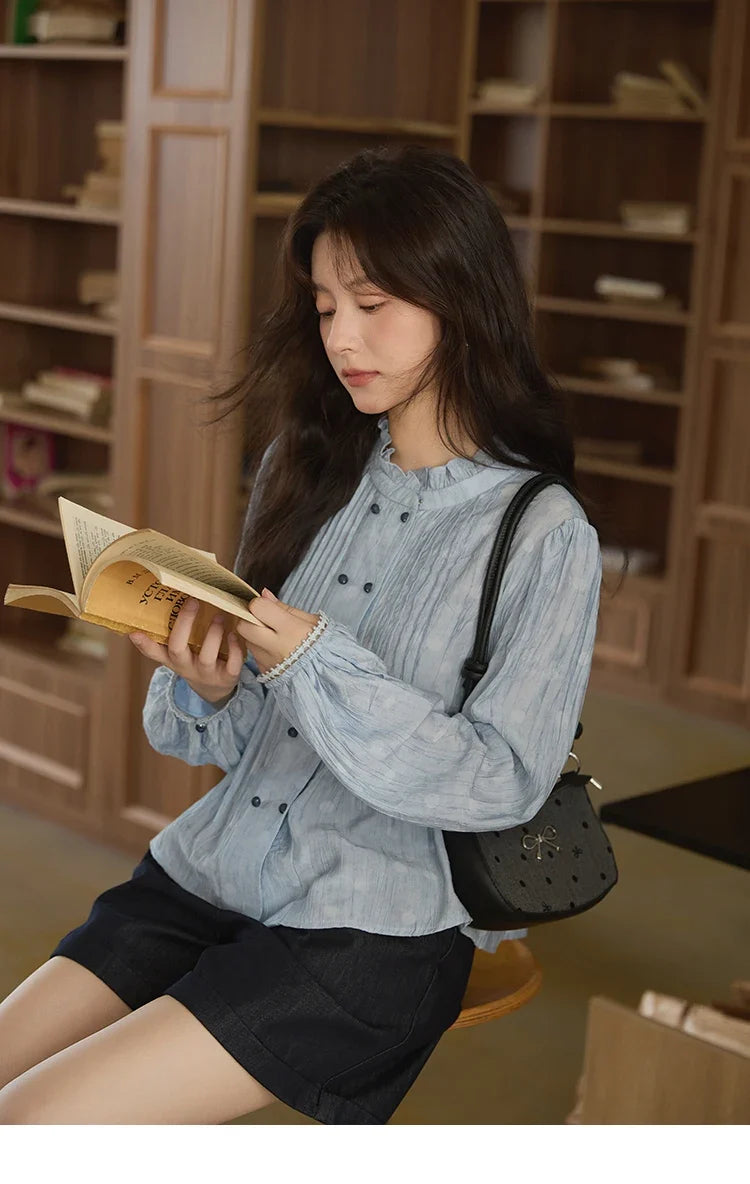 Women's Shirt 2025 Autumn Blue Polka Dot Chiffon Loose Shirt Stand Collar Double Row Buckle Lantern Sleeve Top MXE41X1926
