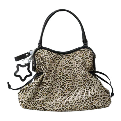 Women Leopard Print One Shoulder Armpit Bag Embroidered Letter Large Capacity Tote Bag Ladies Drawstring Versatile Underarm Bags