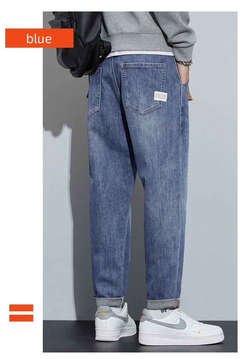 Winter Dark Blue Fleece Jeans for Men Black Loose Straight Casual Trendy Comfortable Versatile Youth Thickened Harem Pants Blue