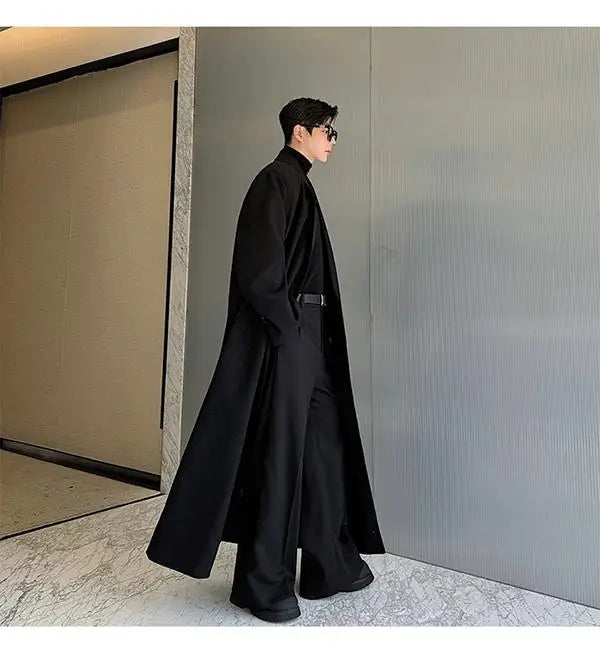 Spring Autumn Extra Logn Black Oversized Flowy Soft Trench Coat for Men with Back High Slit Loose Casual Overcoat