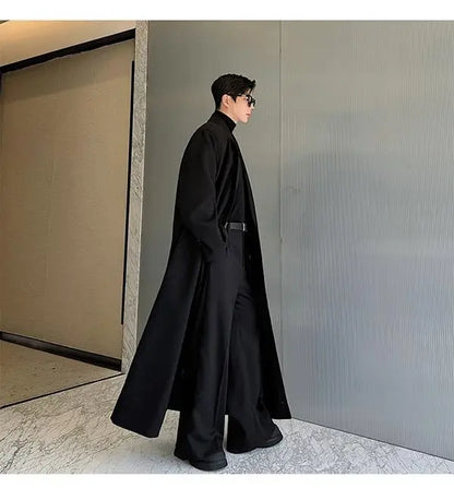 Spring Autumn Extra Logn Black Oversized Flowy Soft Trench Coat for Men with Back High Slit Loose Casual Overcoat