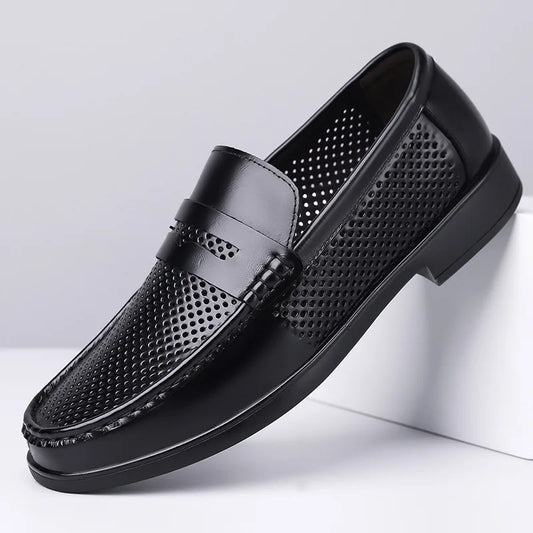2026 Summer New Men's Breathable Leather Loafers Slip-On Hollow Out Casual Business Casual Shoes for Man Flat Driving Shoes Male