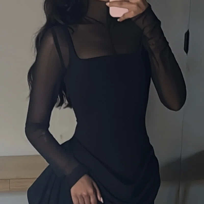 Stylish Lady Mesh See Long Sleeve Splicing Dress Elegant Evening Gown Women's 2026 New Luxury Boutique Club Party Dresses