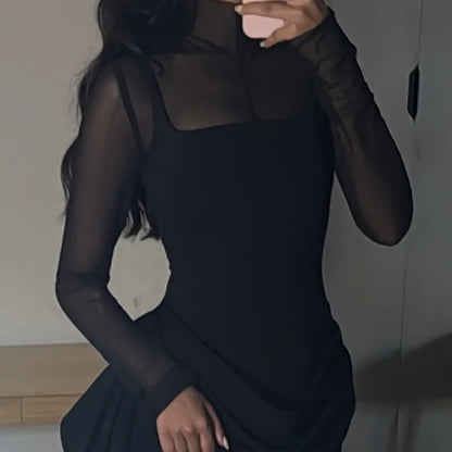 Stylish Lady Mesh See Long Sleeve Splicing Dress Elegant Evening Gown Women's 2026 New Luxury Boutique Club Party Dresses
