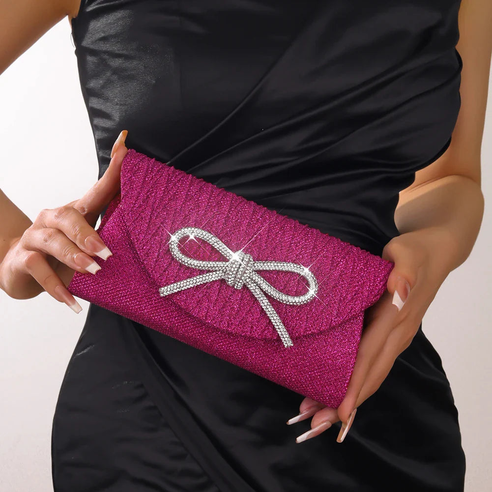 Women Elegant Evening Handbag Shiny Crystal Bow Flap Clutch Purse Envelope Dinner Evening Clutch Bags Wedding Party Prom Purse