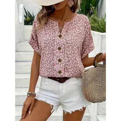 Plus Size Women's Shirts 2025 Spring Summer New Fashion Casual Floral Printing V-Neck Short Sleeve Blouses Korean Style Clothing