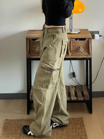 American Retro Workwear Denim Pants Women's High Waist Wide Leg Loose Straight Cut Trousers Spring Autumn New Sle Multi ket