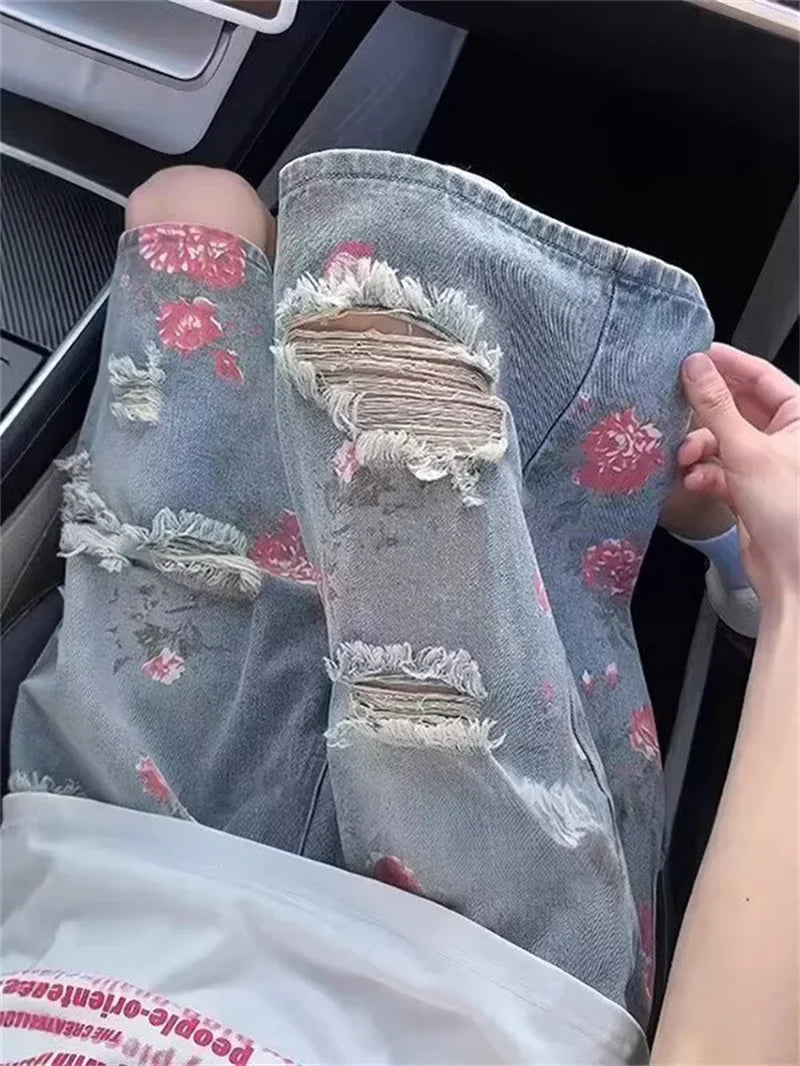 American Streetwear Washed Ripped Straight Jorts Men's Summer Floral Graphic Print Baggy Denim Shorts Hip Hop Fashion Short Jean