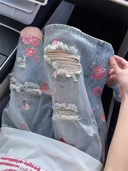 American Streetwear Washed Ripped Straight Jorts Men's Summer Floral Graphic Print Baggy Denim Shorts Hip Hop Fashion Short Jean