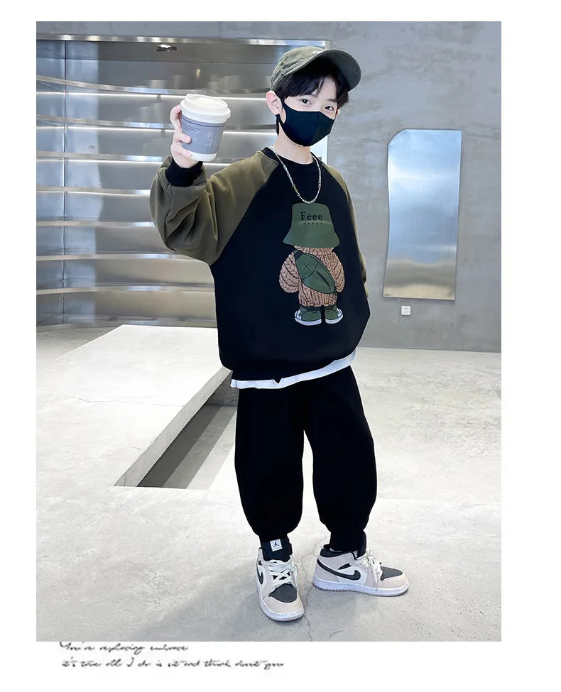 Spring Autumn Boys Patchwork Cartoon Sweatshirt+Sweatpant Workout Set School Kids 2PCS Tracksuit Children Jogging Outfit 5-16 Yr