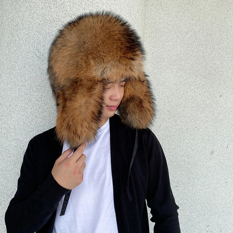 Men's Hat Winter Natural Raccoon Fur Er Hats Russian Hat Outdoor Warm Soft Luxury Quality Real Fur Cap Fur Hat for Men Caps