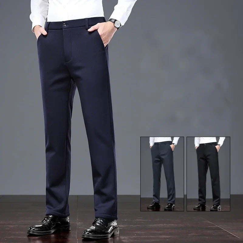 Mid Age Mens Pants Winter Thermal Dress Trousers Thick Warm Business Casual Office Wear Elastic Waistband Plus Size