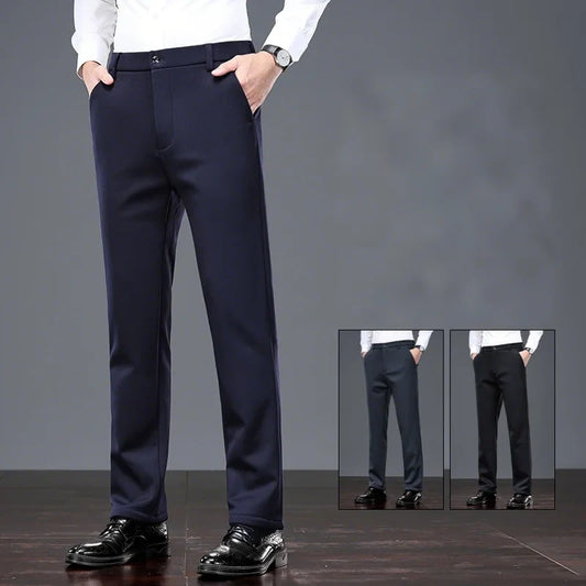 Mid Age Mens Pants Winter Thermal Dress Trousers Thick Warm Business Casual Office Wear Elastic Waistband Plus Size