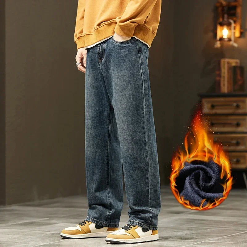 Thick Vintage Jeans Men's Winter Straight Warm Fleece Baggy Thermal Denim Trousers Fashion Korean Wide Male Plush Pants