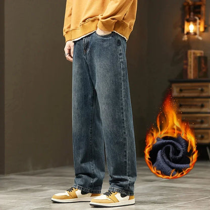 Thick Vintage Jeans Men's Winter Straight Warm Fleece Baggy Thermal Denim Trousers Fashion Korean Wide Male Plush Pants