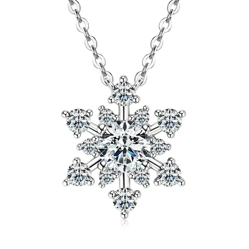 Round Cut Moissanite Snowflake Pendant Necklaces for Women Solid 925 Sterling Silver Chains Wedding Jewelry Gift Collar