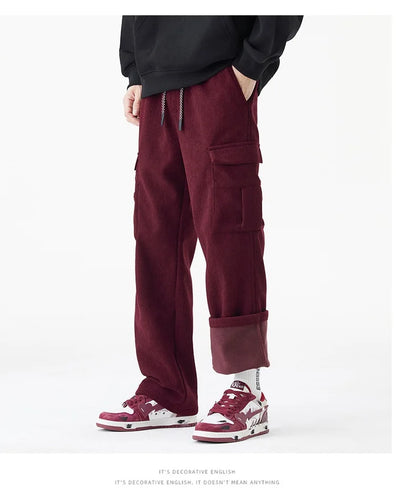 2026 New in Winter Corduroy Pants Men Straight Wide Leg Cargo Trouser Male Elastic Waist Loose Fit Thick Brown Warm Fleece Plush