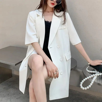 Korean Fashion Loose Thin Blazer Women Spring Autumn New Extra Large Mid Length Short Sleeved Women Coat Casual Outwear