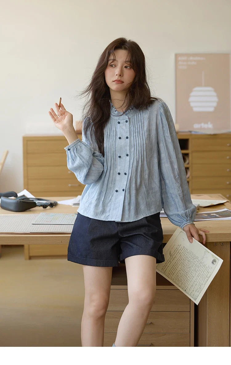 Women's Shirt 2025 Autumn Blue Polka Dot Chiffon Loose Shirt Stand Collar Double Row Buckle Lantern Sleeve Top MXE41X1926