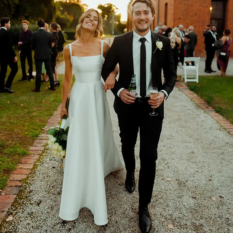 Classic Long White Wedding Dress A-Line Square Collar Spaghetti Straps Formal Pleat  Vintage Backless High Silt Grown Customized