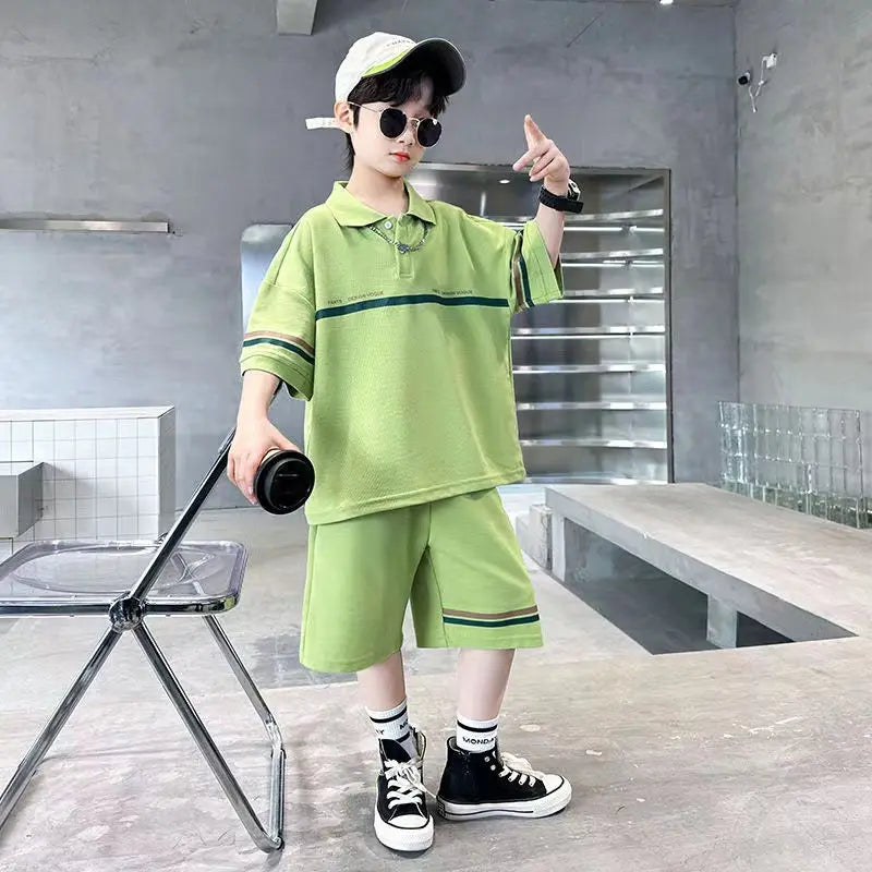 Summer Boys Cotton Loose Alphabet Stripes T-Shirt Tops+Shorts Pant Sets School Kids 2PCS Tracksuit Children Outfits 3-16 Years