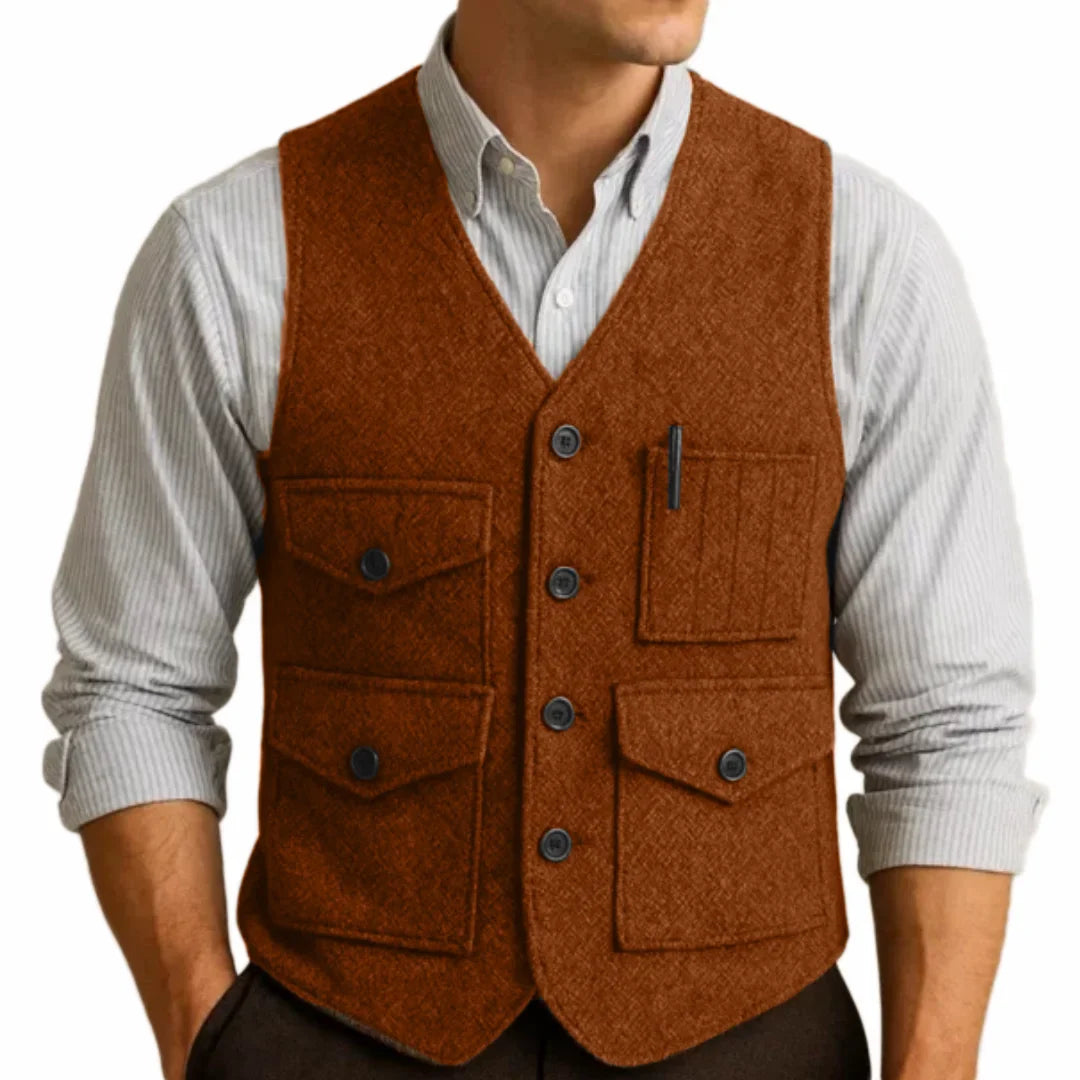 Men Vest Brown Herringbon Single Breasted With Pocket Waistcoat For Wedding Business Work Office Casual Daily Men Suit Vest