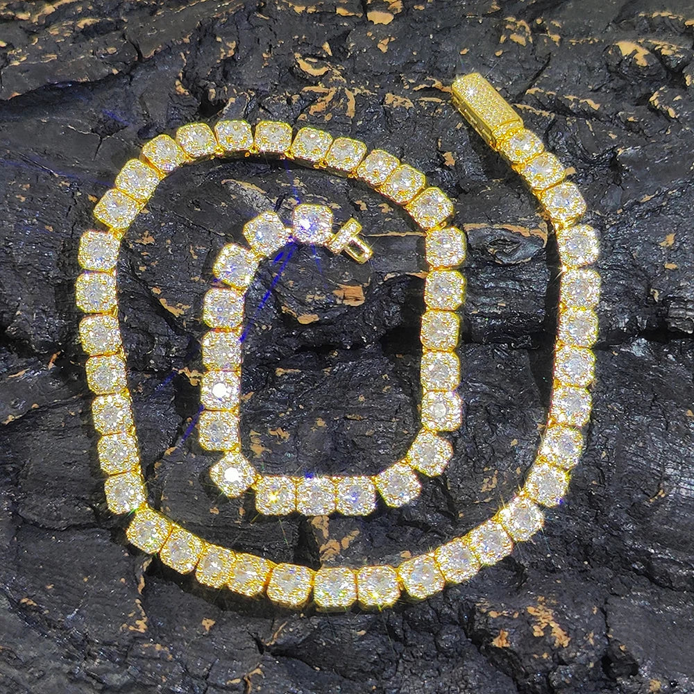 Clustered Diamond Tennis Chain Miami Tennis Link Bracelet for Women 7MM Iced Out CZ Cuban Necklace Hip Hop Jewelry Gifts