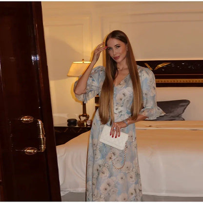 V-neck Organza Floral Chiffon Puff Sleeve Slit Long Dress Bodycon High Slit Bodycon Sexy Dresses Lady Chic Daily Sweet Date Robe