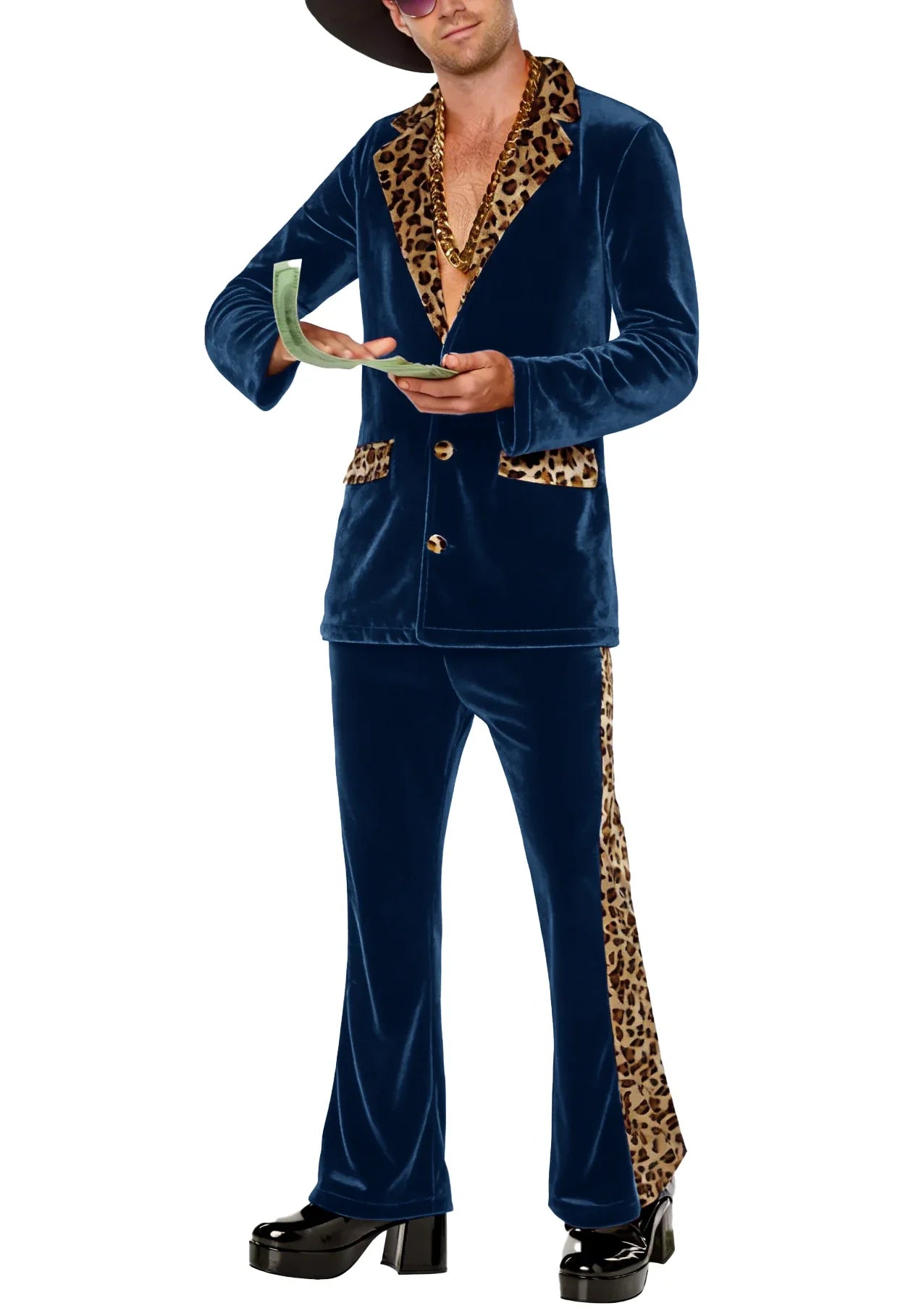 Luxury Men's Velvet Suit Notch Lapel Jacket Leopard Print Patchwork Trim Wide Leg Flare Trousers Tuxedo Cosplay Prom Event