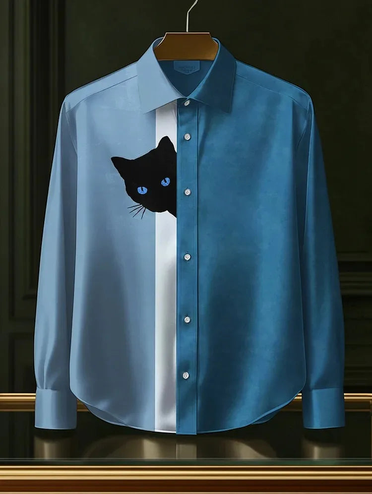 Men's Funny Shirts Harajuku Japanese Men Fun Hide And Seek Black Cat Print Casual Shirt 2025 Summer Holiday 3D Printing Blouse T