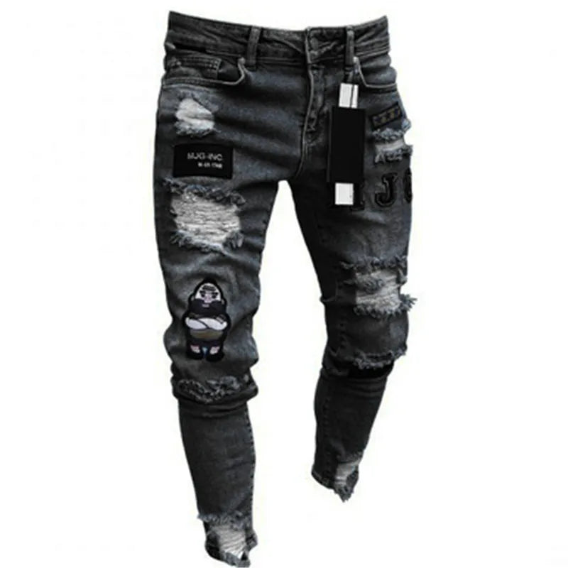 New Stretch Men's Jeans Washed Motorcycle Trousers Vintage Man Cowboy Pants Punk Loose Straight Retro Baggy Designer Casual Goth