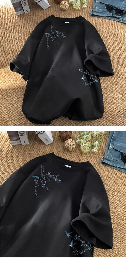Men's Oversized T-shirts Fashion White 5XL Cotton T Shirt for Men Casual Summer Wear Bird Print Tee Shirts Men Clothing