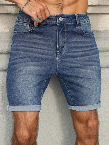 Men's Summer Denim Shorts, with a Blue Retro Texture. The Style Is Simple, Casual, and Street-Style.