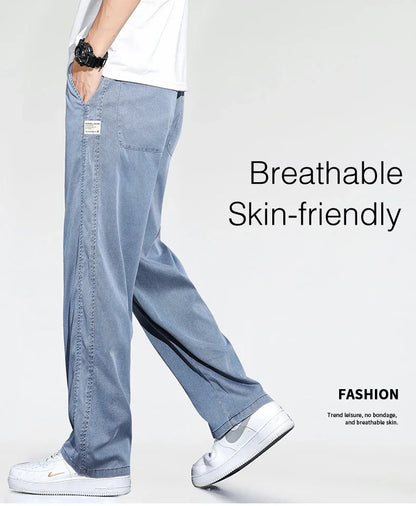 Summer Thin Loose Wide-leg Men Jeans Soft Lyocell Elastic Fashion Casual Straight Drawstring Denim Trousers Black Blue Gray