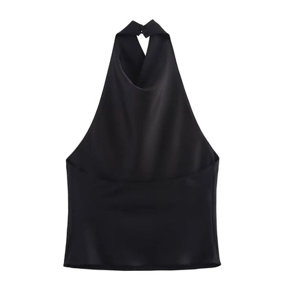 Spring Elegant Women Satin Halter Tops 2026 Summer Backless Off Shoulder Corset Vest Female Fashion Slim Crop Tank Top