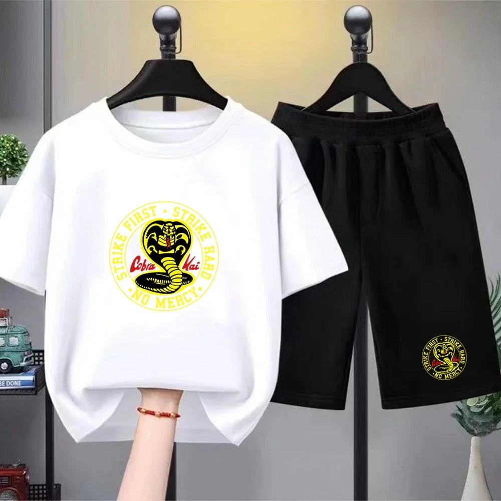 Summer T-Shirt + Shorts Anime Snake Print Boy Black Girl Sets T-Shirt Kids Tops Casual Tees Round Neck Short-Sleeved Top